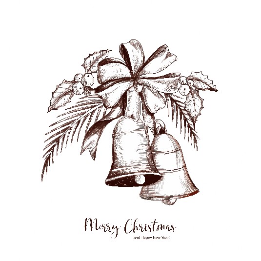 Tannenzweig mit Glocken, Text "Merry Christmas and a Happy New Year"